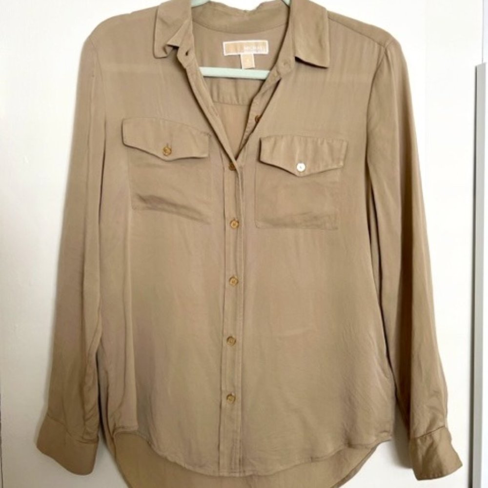 Michael Kors Tan & Gold Silky Blouse Sz Sm